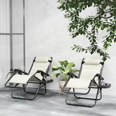 Zero Gravity Lounge Chair Set, 2 Pieces Reclining Folding Outdoor Lounge Chairs with Headrest Side Tray, Cream