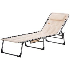 Padded Folding Chaise Lounge Chair, Outdoor 6-Level Reclining Camping Tanning Chair with Headrest for Beach, Yard, Patio, Pool, Beige