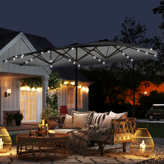 Garden Parasol 14.4ft Double-Sided Sun Umbrella with Base, Patio Parasol with LED Solar Lights, Gray