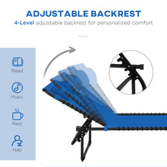 Folding Chaise Lounge Pool Chair with 4-Position Reclining Back, Pillow, Breathable Mesh & Bungee Seat, Dark Blue