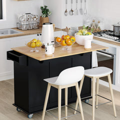 Mobile Kitchen Island with Drop Leaf, Storage Trolley Cart on Wheels, Towel/Spice Rack, 3 Drawers, 2-Door Cabinet, Black