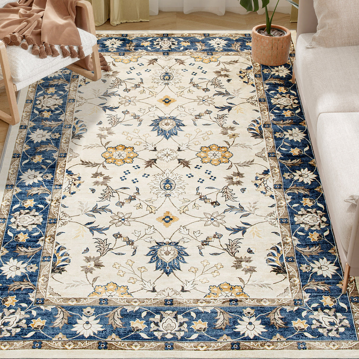 Machine Washable Area Rug 5x7, Non-Slip Boho Floral Print Floor Carpet for Living Room, Bedroom, Dining Room, Blue