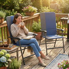 Folding Patio Chairs Set of 2, Padded High Back Lawn Camping Chairs with Armrests, 600D Oxford Fabric, Dark Blue