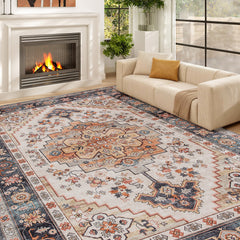 Area Rug 4x6, Machine Washable Rug, Non-Slip Boho Print Pattern Medallion Carpet for Living Room, Bedroom, Tawny Brown