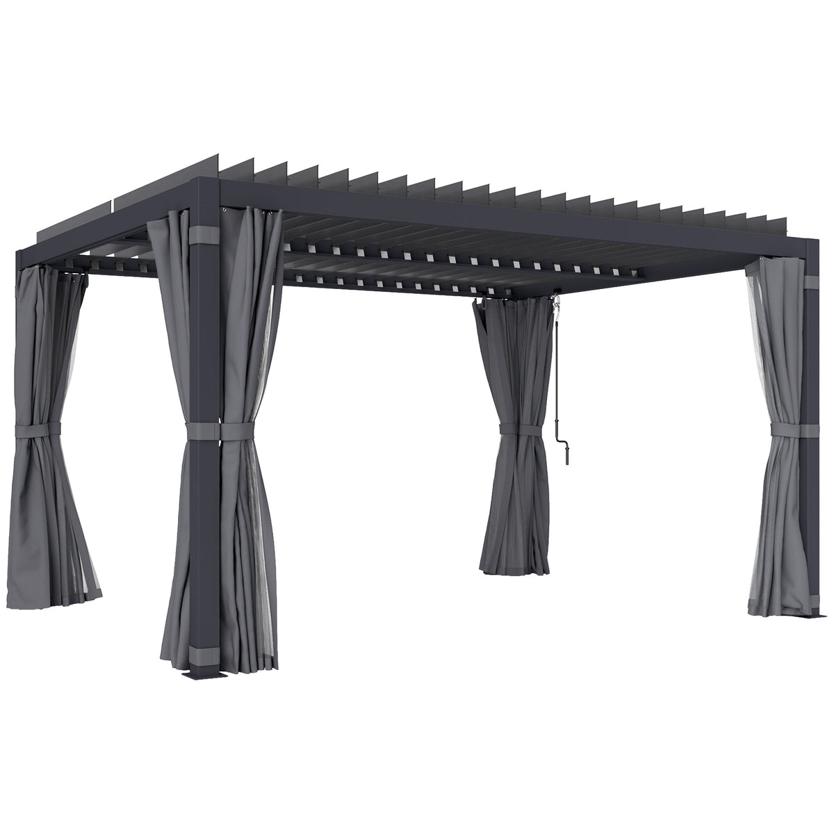 10' x 13' Outdoor Retractable Pergola w/ Sun Shade Louvered Top, Pergola w/ Canopy, Curtains, Netting, Dark Gray