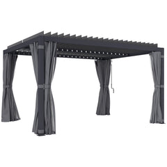 10' x 13' Outdoor Retractable Pergola w/ Sun Shade Louvered Top, Pergola w/ Canopy, Curtains, Netting, Dark Gray