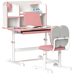 Height Adjustable Kids Desk and Chair Set for Writing Drawing w/ Tilt Desktop, Storage Drawer and Reading Rack, Pink