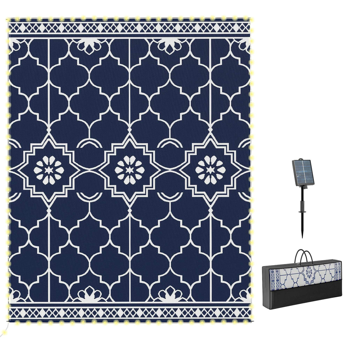 Reversible Outdoor Rug Carpet with LED Lights, 10' x 8' PP Straw Rug with Carry Bag and Ground Stakes