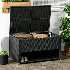 Outdoor Deck Box & Shoe Storage, PE Rattan Wicker Towel Rack with Liner for Indoor, Outdoor, Patio Furniture Cushions, Pool, Garden Tools, Black