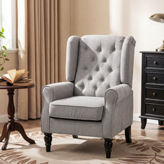 Mid-Century Modern Accent Chair, High Wingback Reading Chair, Button-Tufted Upholstered Fabric Armchair with Retro Wood Legs for Apartment, Living Room, Bedroom, Gray
