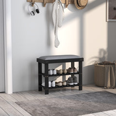 Bamboo Shoe Storage Bench, 3-Tier Entryway Bench with Cushion, Shoe Organizer for Entryway, Hallway, Black