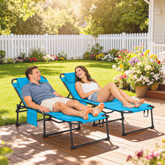 2 Piece Folding Chaise Lounge Pool Chairs with 5-level Reclining Back, Reading Hole, Side Pocket, Blue