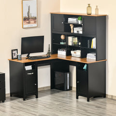 L Shaped Computer Desk with Hutch, 59" Corner Desk, Space Saving Home Office Desk with Storage Shelves, Drawer and Cabinet, Black