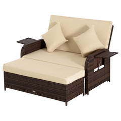 Patio Rattan Daybed with Cushions, Wicker Outdoor Bed Lounger w/ Loveseat, Storage Ottoman, Coffee & Side Tables, for Poolside, Porch, Backyard, Beige