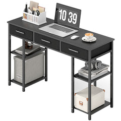 47" Small Computer Desk, Writing Desk with Fabric Drawers, Home Office Desk with Adjustable Shelves, Black