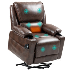 Power Lift Chair for Elderly, Faux Leather Recliner Sofa with Vibration Massage and Heat, Remote, Side Pockets, Brown