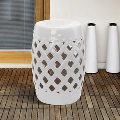 13" x 18" Ceramic Garden Stool with Woven Lattice Design & Glazed Strong Materials Decorative Outdoor Stool, White