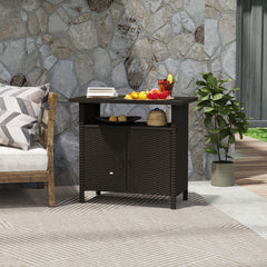 Wicker Outdoor Storage Cabinet with Two Doors and Shelf for Outdoor Pool Towel Storage, Dark Coffee