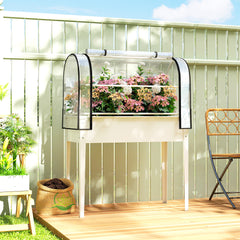Raised Garden Bed with Flip-Up Greenhouse Cover, Metal Elevated Garden Bed with Legs and Drainage Hole, White