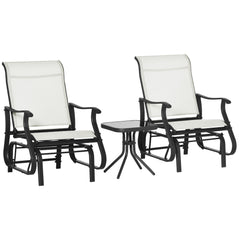 3-Piece Outdoor Gliders Set Bistro Set with Steel Frame, Tempered Glass Top Table for Patio, Garden, Backyard, Lawn, Cream White