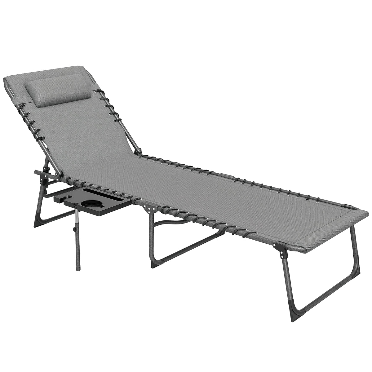 Folding Outdoor Chaise Lounge Chair Tanning Chair with 5-Level Adjustable Back, Side Table, Pillow, Pocket, Gray