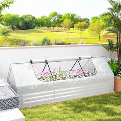 8.6 x 3 x 1ft Raised Garden Bed with Mini Greenhouse, Galvanized Raised Garden Bed with Cover for Herbs and Vegetables, Small Greenhouse for Patio Garden Balcony, White and Silver