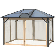 10' x 12' Hardtop Gazebo Canopy with Polycarbonate Roof, Aluminum Frame, Permanent Pavilion Outdoor Gazebo with Netting, for Patio, Garden, Backyard, Deck, Lawn, Gray, Brown