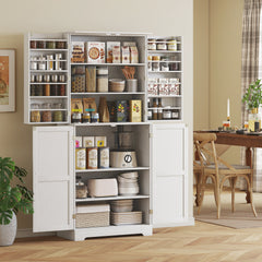 Farmhouse Kitchen Pantry, 72" Tall Pantry Cabinet with 4 Barn Doors, 4 Adjustable Shelves and 8 Door Shelves, White