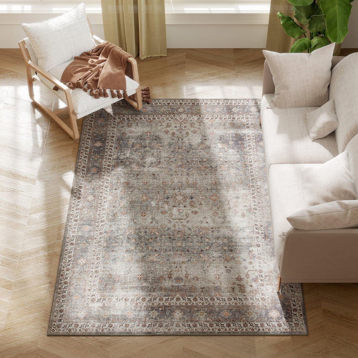 Machine Washable Area Rug 4x6, Non-Slip Traditional Floor Cover Foldable Carpet for Living Room, Dark Mixed-Brown