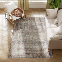 Machine Washable Area Rug 4x6, Non-Slip Traditional Floor Cover Foldable Carpet for Living Room, Dark Mixed-Brown