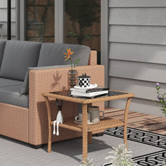 Rattan Side Table, Outdoor End Table with Storage Shelf, Aluminum Frame Square, Coffee Table with Tempered Glass Top, Sand