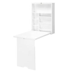 Wall Mounted Fold Out Convertible Desk, Multi-Function Floating Desk with Storage Shelf for Home Office, White