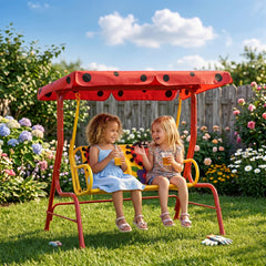 Kids Patio Swing, Adjustable Canopy Swing Glider, Kids Outdoor Swing Chair with 2 Seats, Seat-Belted Safety, Red