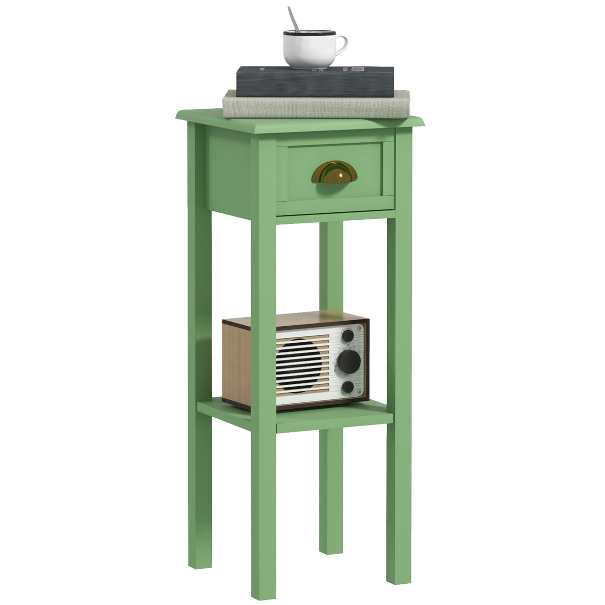 2-Tier Side Table with Drawer and Shelf, End Table for Living Room and Hallway, Green