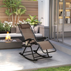 Outdoor Rocking Chairs, Foldable Reclining Zero Gravity Lounge Rocker with Pillow, Cup & Phone Holder, Combo Design with Folding Legs, Brown