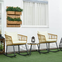 Wicker Outdoor Rocking Chair Set, 3 Piece Patio Bistro Set with 2 Porch Rocker Chairs, Glass Top Coffee Table and Cushions, Patio Conversation Set for Balcony, Backyard, Cream White