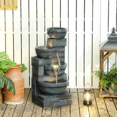 30" Tall Outdoor Waterfall Fountain with LED Lights, 4-Tier Resin Cascading Water Bowls with Pump, Gray