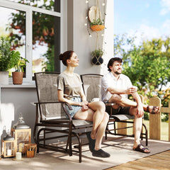 2-Person Outdoor Glider Bench w/ Center Table, Steel Frame for Backyard Garden Porch, Brown