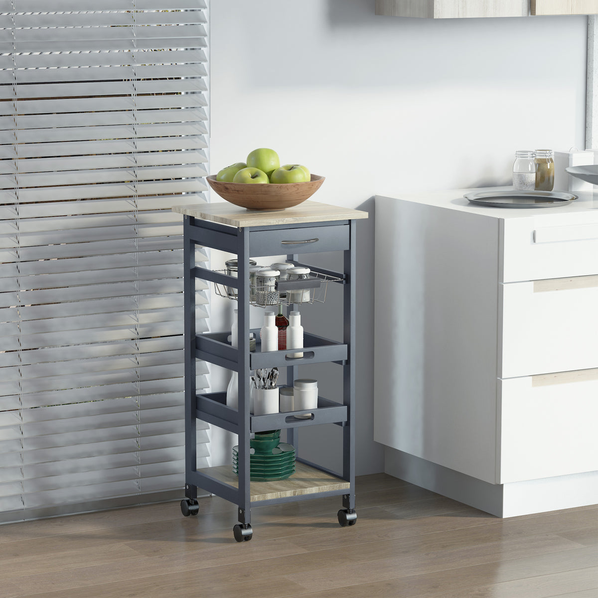 Mobile Kitchen Cart, Rolling Kitchen Island with Storage, Solid Wood Frame Utility Cart with Wire Fruit Baskets, Trays and Drawer, Gray