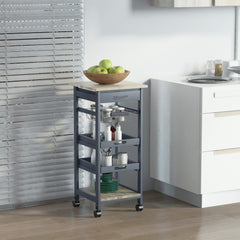 Mobile Kitchen Cart, Rolling Kitchen Island with Storage, Solid Wood Frame Utility Cart with Wire Fruit Baskets, Trays and Drawer, Gray