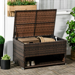 Outdoor Deck Box & Shoe Storage, PE Rattan Wicker Towel Rack with Liner for Indoor, Outdoor, Patio Furniture Cushions, Pool, Garden Tools, Brown