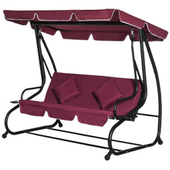3-Seat Outdoor Patio Swing Chair, Converting Flatbed, Outdoor Swing Glider with Adjustable Canopy, Removable Cushion and Pillows, for Porch, Garden, Poolside, Backyard, Red