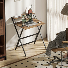 Folding Computer Desk, 27.6" Foldable Desk with Monitor Shelf for Small Space, Home Office, Study, Easy Assembly, Walnut