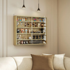 5-Tier Display Cabinet, Wall-Mounted Display Case with 2 Glass Doors and Adjustable Shelves, Oak