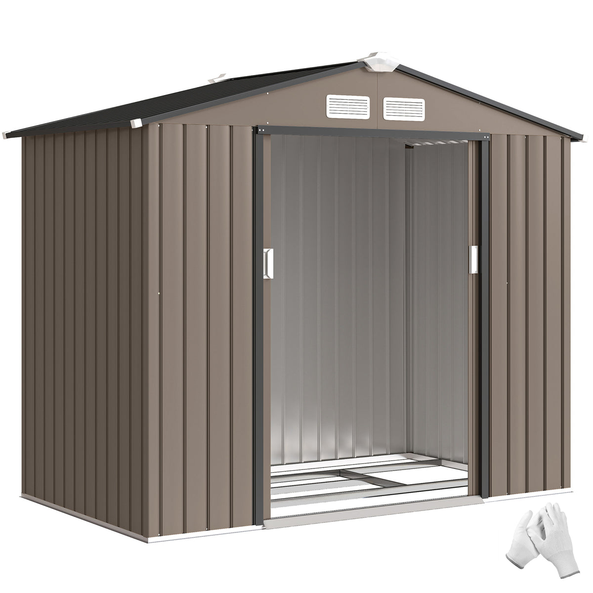 7' x 4' Outdoor Storage Shed, Garden Tool House w/ Foundation Kit Vents & Sliding Doors for Backyard Patio, Brown
