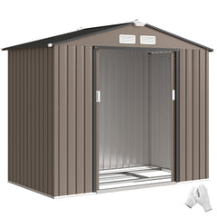 7' x 4' Outdoor Storage Shed, Garden Tool House w/ Foundation Kit Vents & Sliding Doors for Backyard Patio, Brown