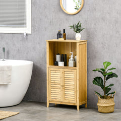 Bamboo Floor Cabinet Bathroom Floor Cabinet Living Room Organizer Tower with Multiple Shelves and Doors, Natural
