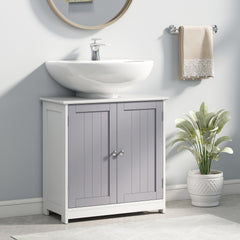 Pedestal Sink Storage Cabinet, Bathroom Sink Cabinet with U-Shape Cut-Out and Adjustable Shelf, White and Gray