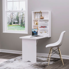 Wall Mounted Fold Out Convertible Desk, Multi-Function Floating Desk with Storage Shelf for Home Office, White