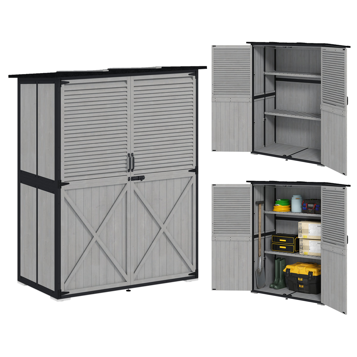 Wood Storage Shed, Outdoor Garden Shed with Asphalt Roof, 2 Shelves, Lockable Doors and Adjustable Feet, Gray